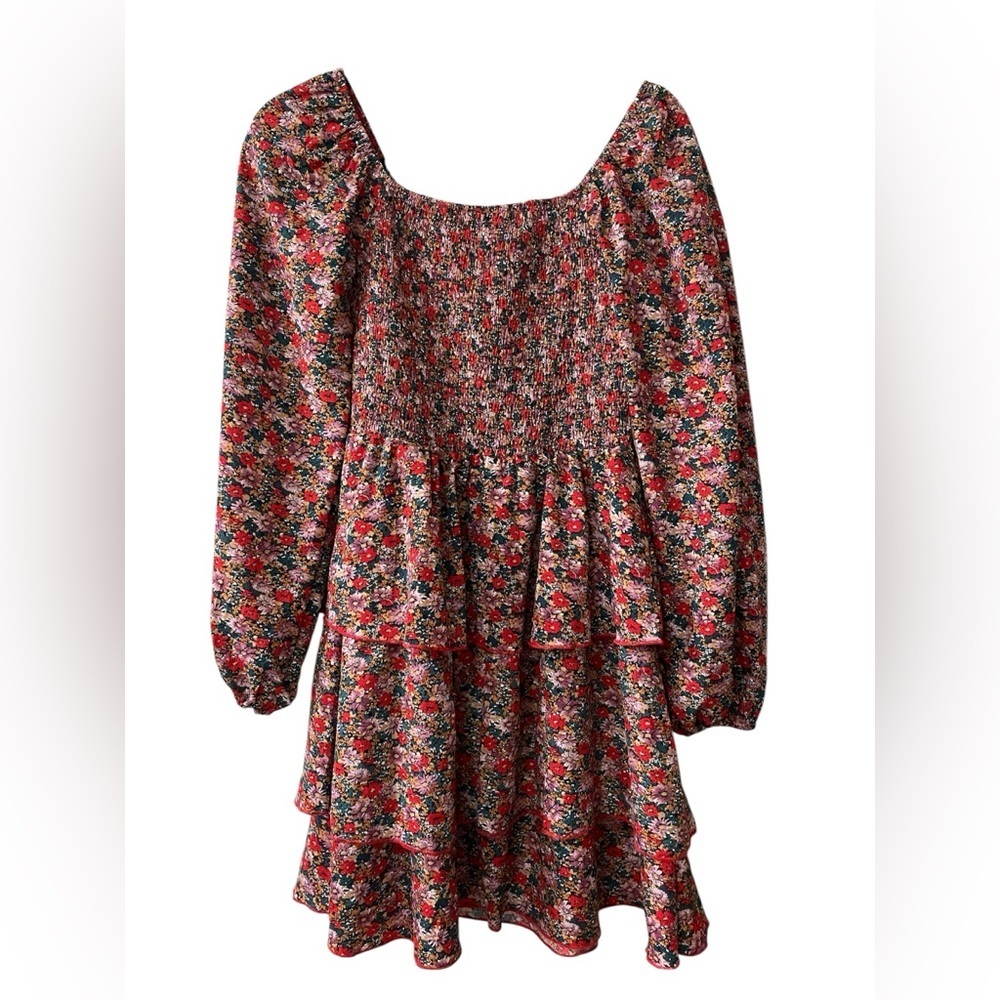 Red Floral Tiered Dress Long Sleeve Smocked Top Small - Picture 3 of 5